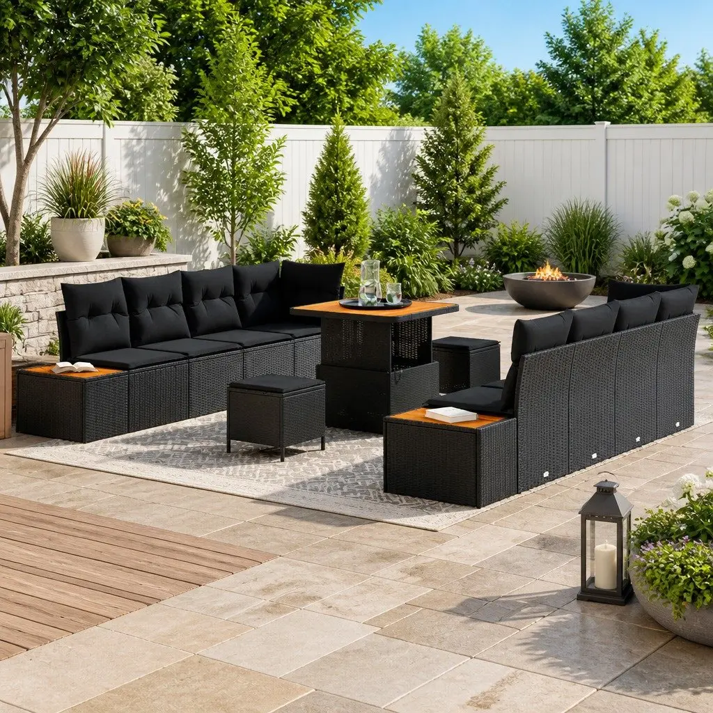 11-Piece Black Poly Rattan Sofa Set for Outdoors