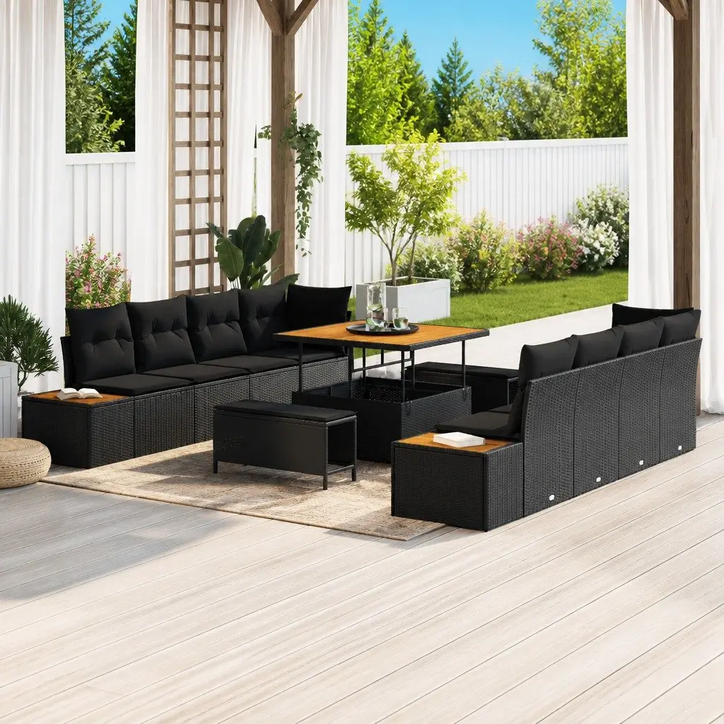Black 11-Piece Poly Rattan Garden Sofa Set