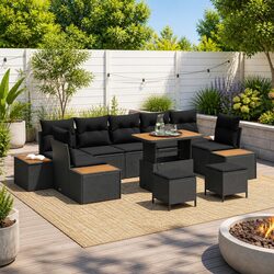 10-Piece Modular Black Poly Rattan Garden Sofa Set