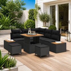 8-Piece Black Poly Rattan Outdoor Garden Sofa Set