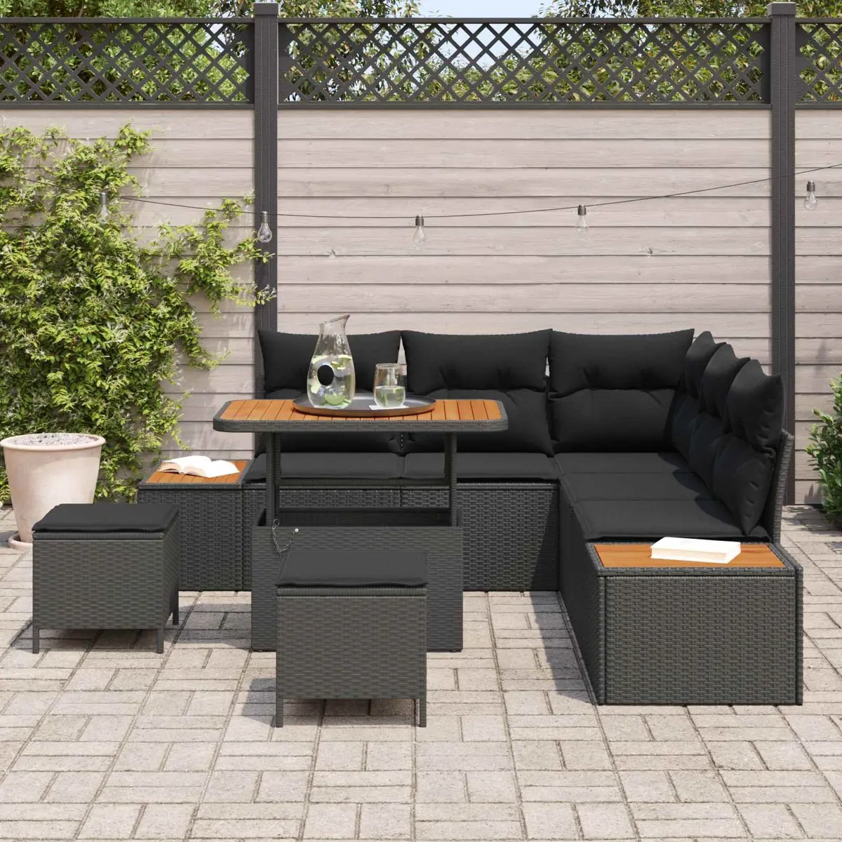 Outdoor Garden Sofa Set Poly Rattan Steel Frame 8 Piece Black