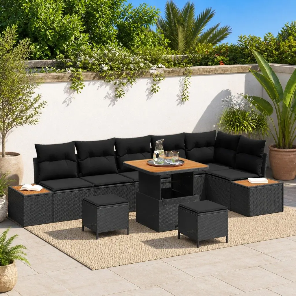 9-Piece Black Modular Outdoor Sofa Set with Adjustable Table