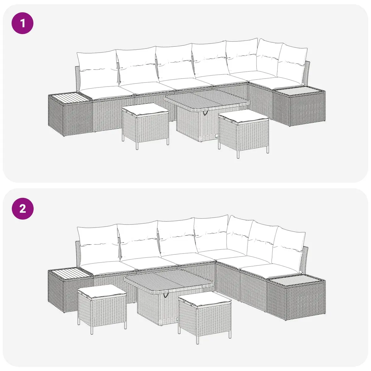 9-Piece Black Modular Outdoor Sofa Set with Adjustable Table
