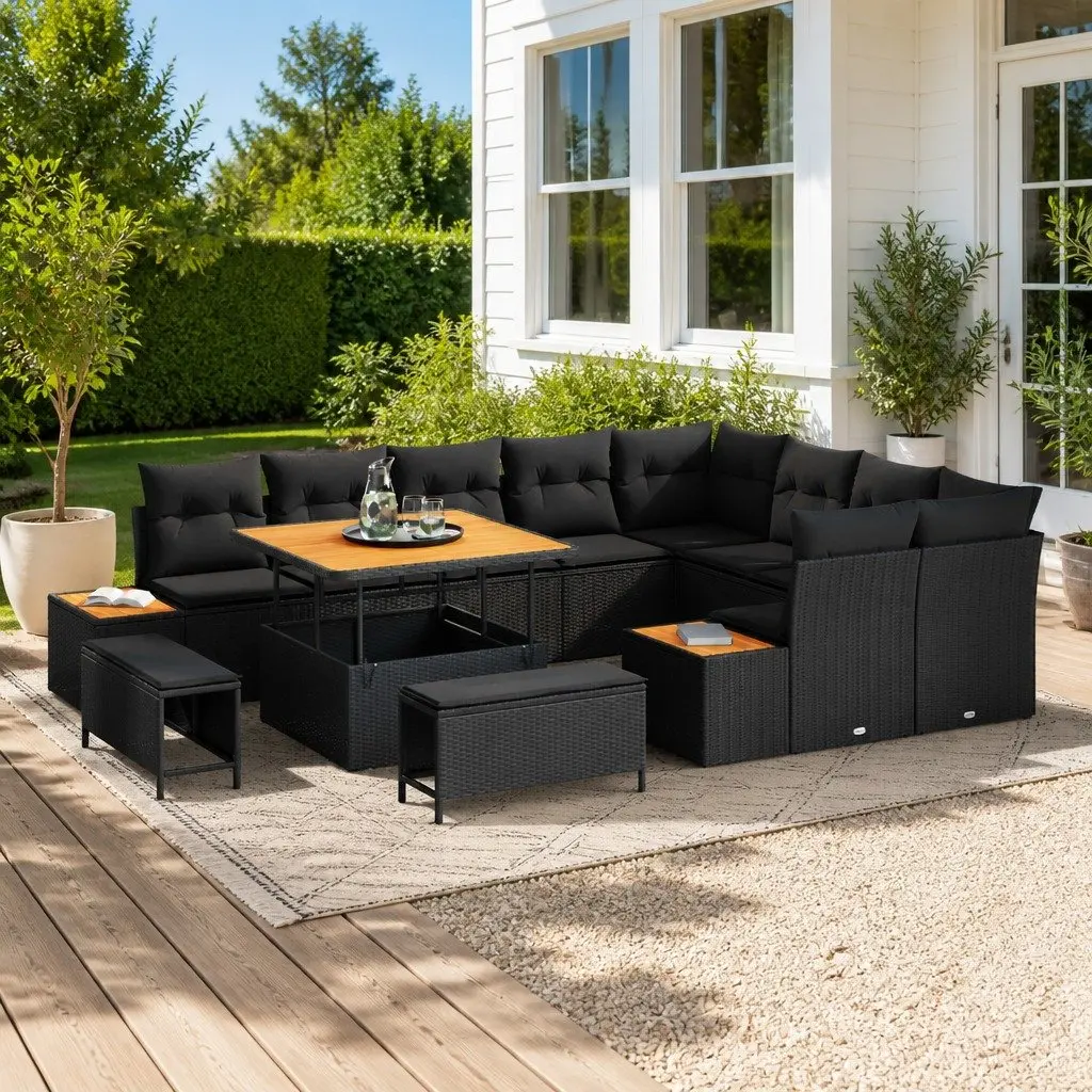 12-Piece Outdoor Sofa Set with Adjustable Table in Black