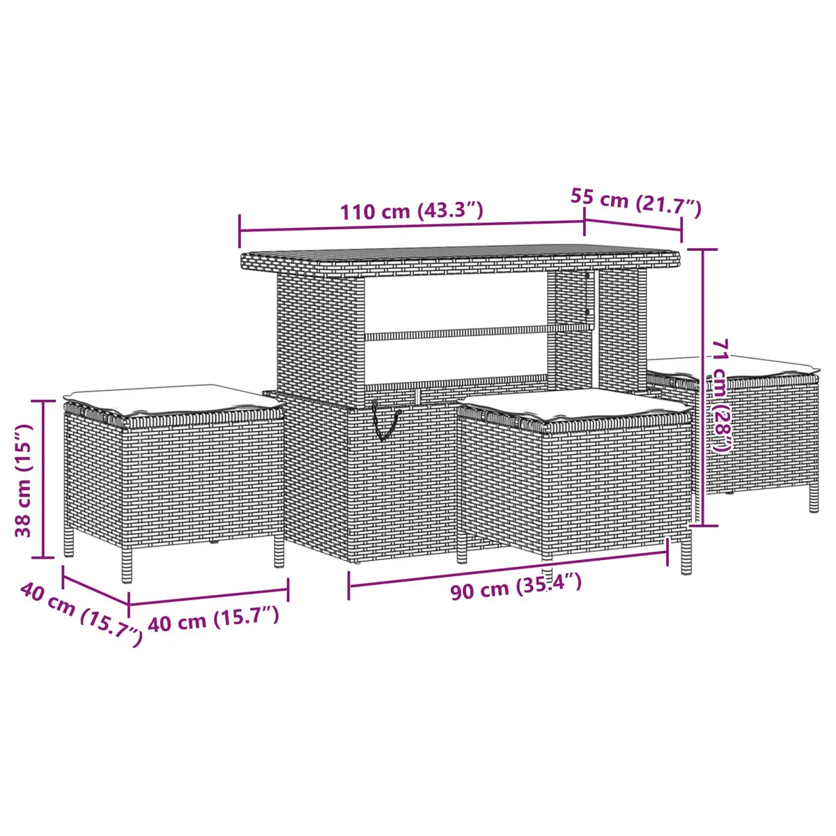 Black Modular Garden Sofa Set with Adjustable Table