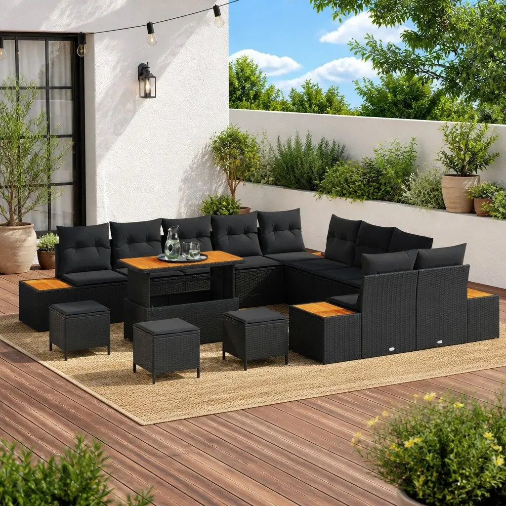 Garden Sofa Set Poly Rattan Powder-coated Steel 14 Piece Black