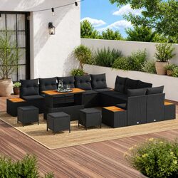 Premium 14-Piece Black Poly Rattan Garden Sofa Set