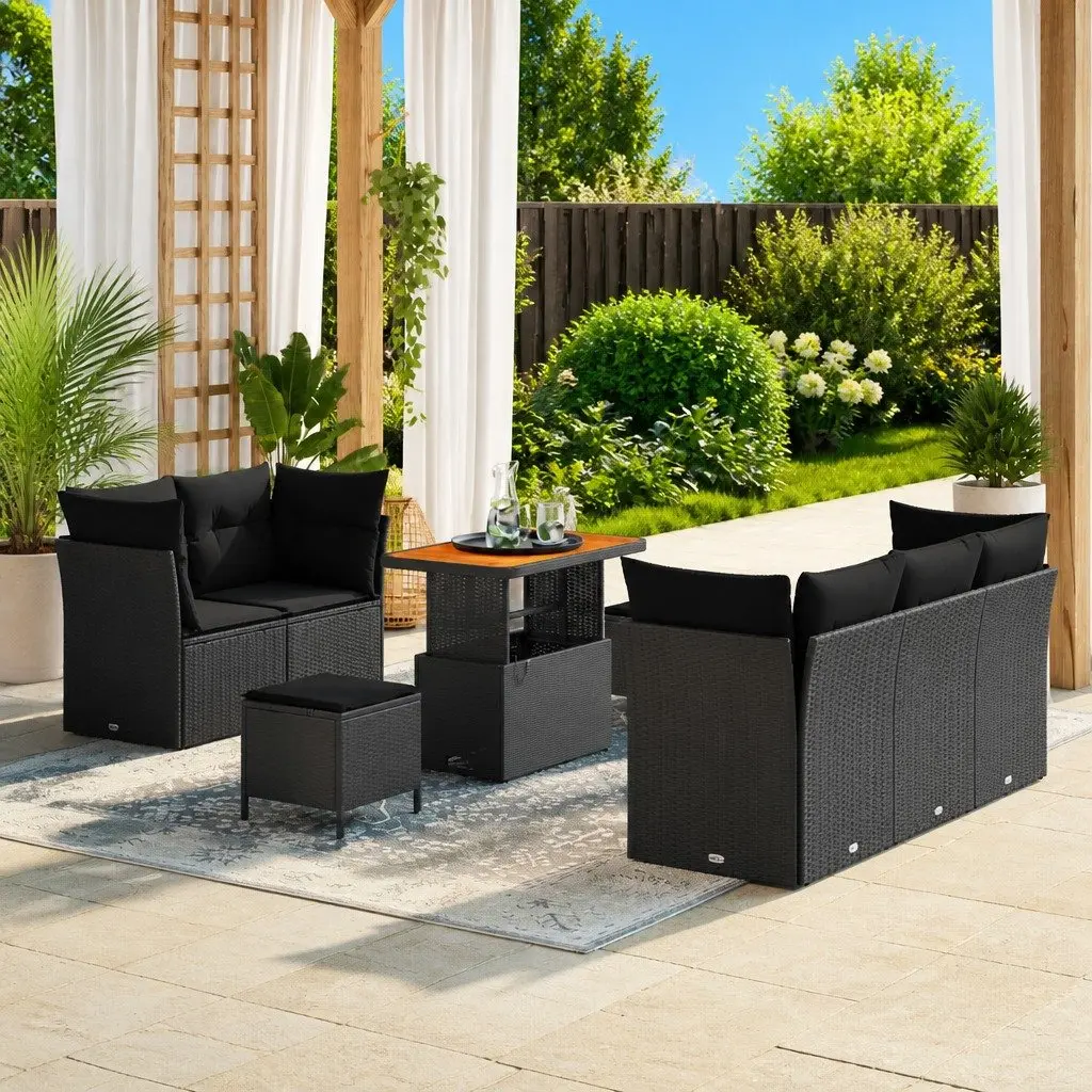Outdoor Sofa Set 8 Pieces Poly Rattan Solid Acacia Wood Powder-Coated Steel Black