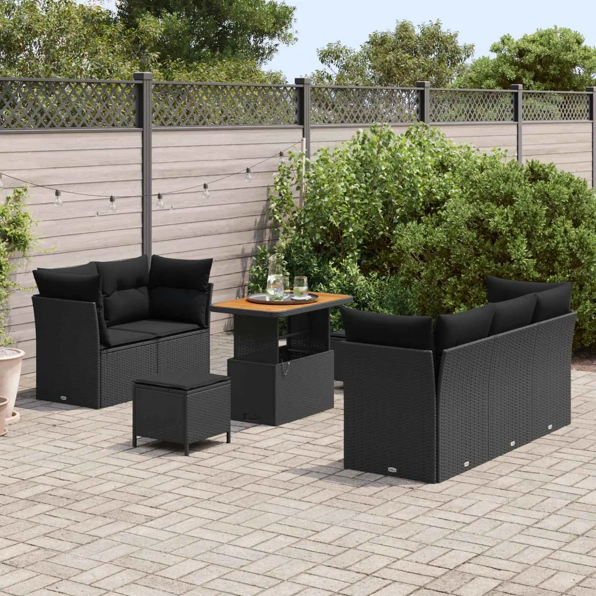 Outdoor Sofa Set 8 Pieces Poly Rattan Solid Acacia Wood Powder-Coated Steel Black
