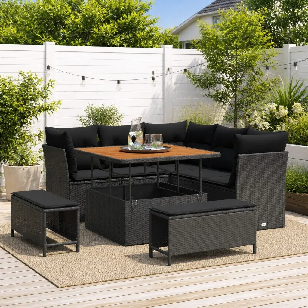 8-Piece Black Modular Garden Sofa Set with Table