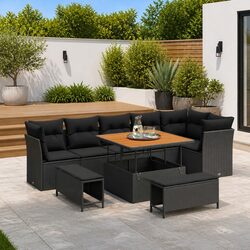 Garden Sofa Set 9 Pieces Outdoor Seating Black Poly Rattan Steel Frame Lounge