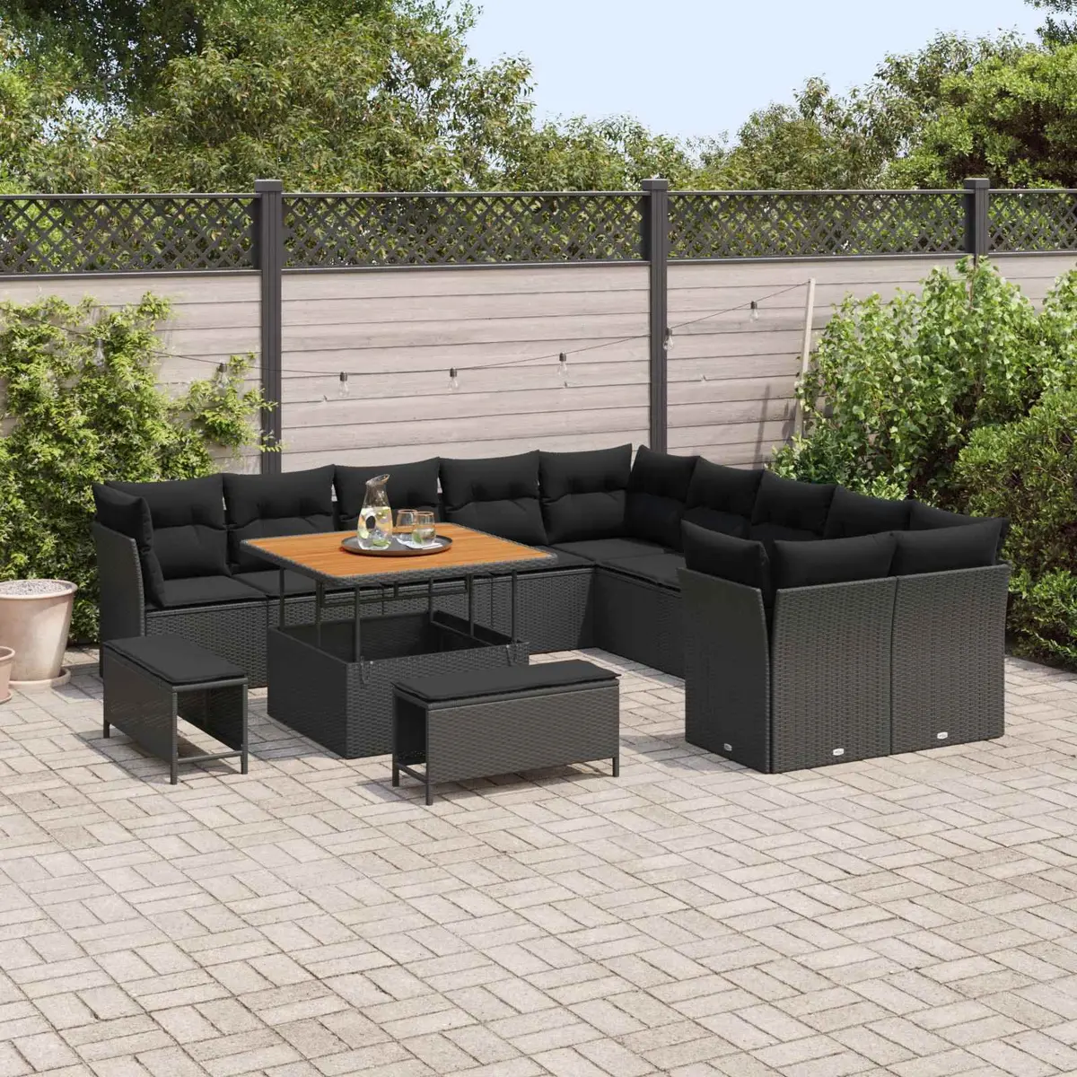 Modular Garden Sofa Set Poly Rattan Acacia Wood 13 Piece Black