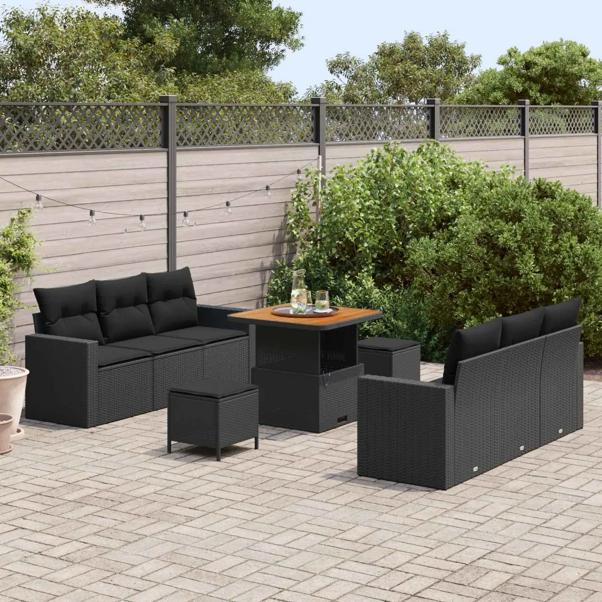 9-Piece Modular Outdoor Sofa Set in Black Poly Rattan