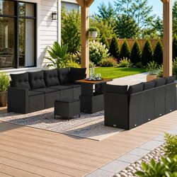 Outdoor Modular Garden Sofa Set 12pcs Black Poly Rattan Cushion Sectional Lounge