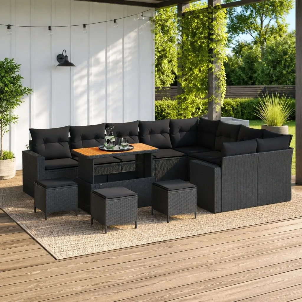 Garden Sofa Set Poly Rattan Solid Acacia Wood Powder Coated Steel 14 Pieces Black
