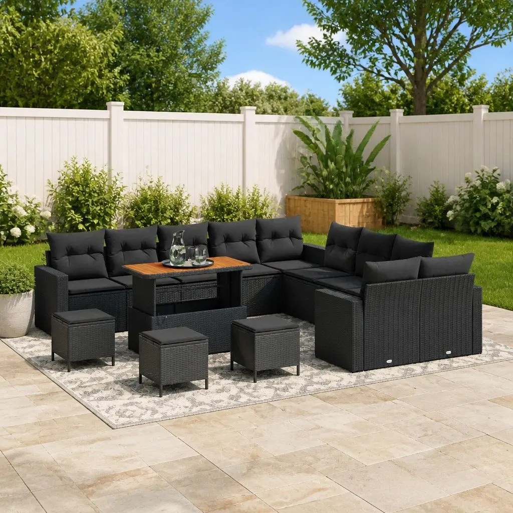 18-Piece Black Poly Rattan Garden Sofa Set