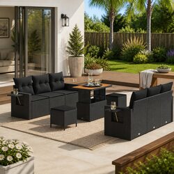 Durable 9-Piece Modular Black Garden Sofa Set
