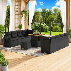 Modular Black Poly Rattan Outdoor Garden Sofa Set 11 Pieces