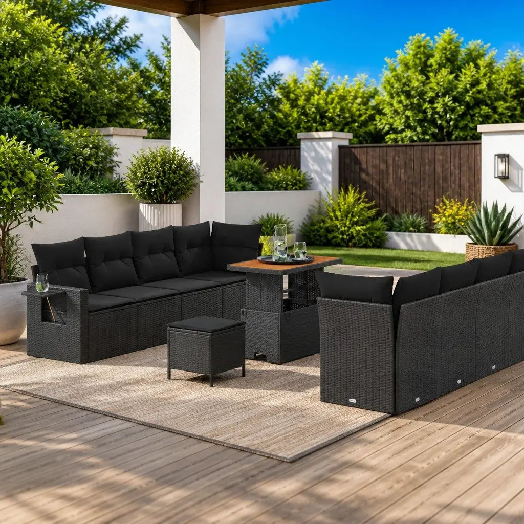 Garden Sofa Set Black Poly Rattan Outdoor Modular Lounge Setting