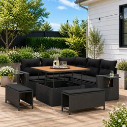 9-Piece Black Poly Rattan Modular Outdoor Sofa Set