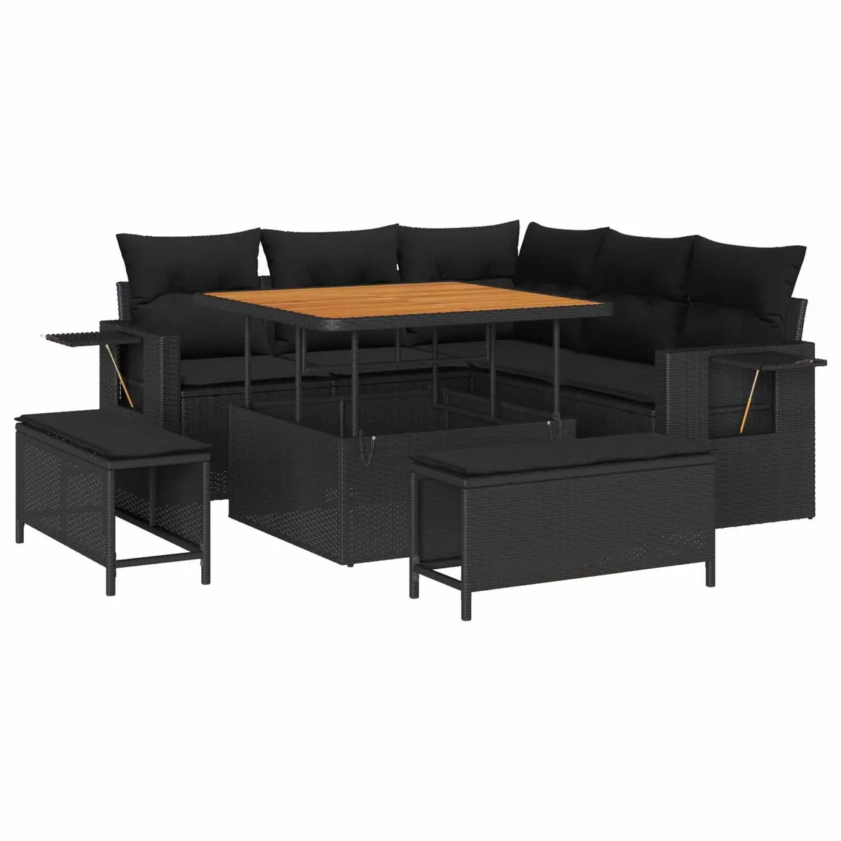 9-Piece Black Poly Rattan Modular Outdoor Sofa Set