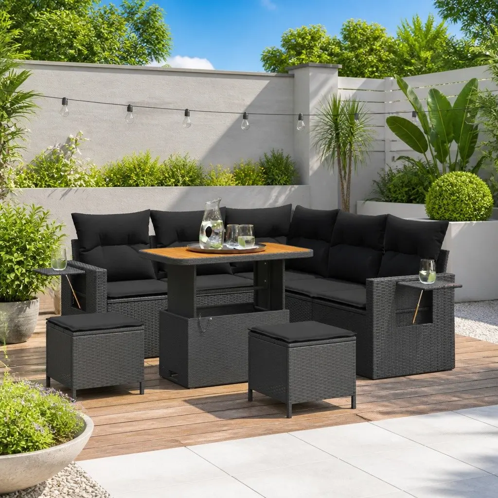 Modular Garden Sofa Set Poly Rattan Acacia Wood Black 9 Piece
