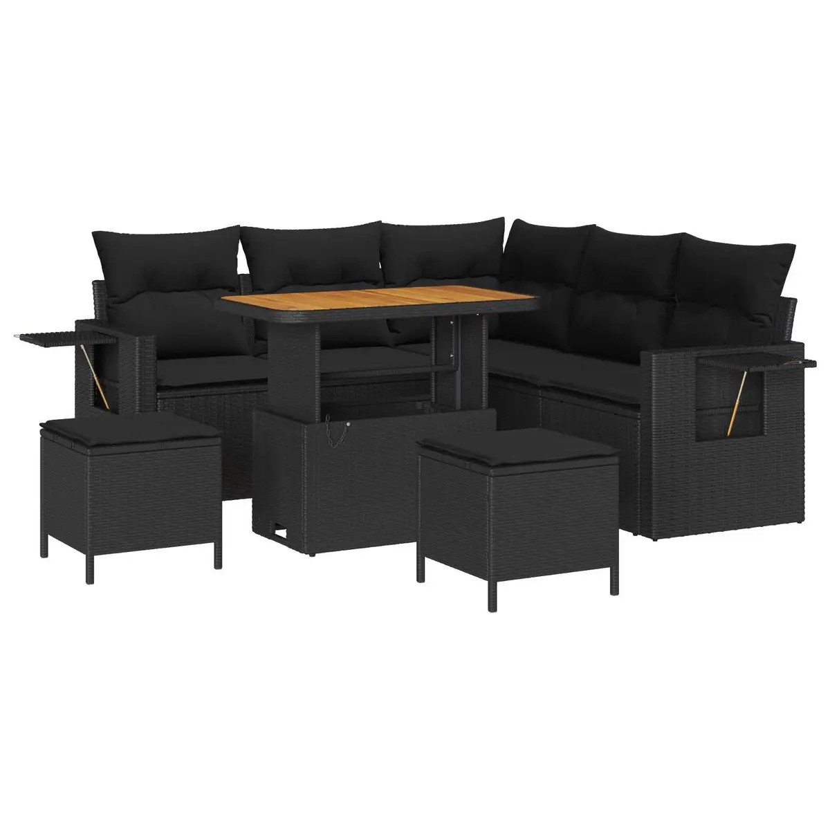 Modular Garden Sofa Set Poly Rattan Acacia Wood Black 9 Piece