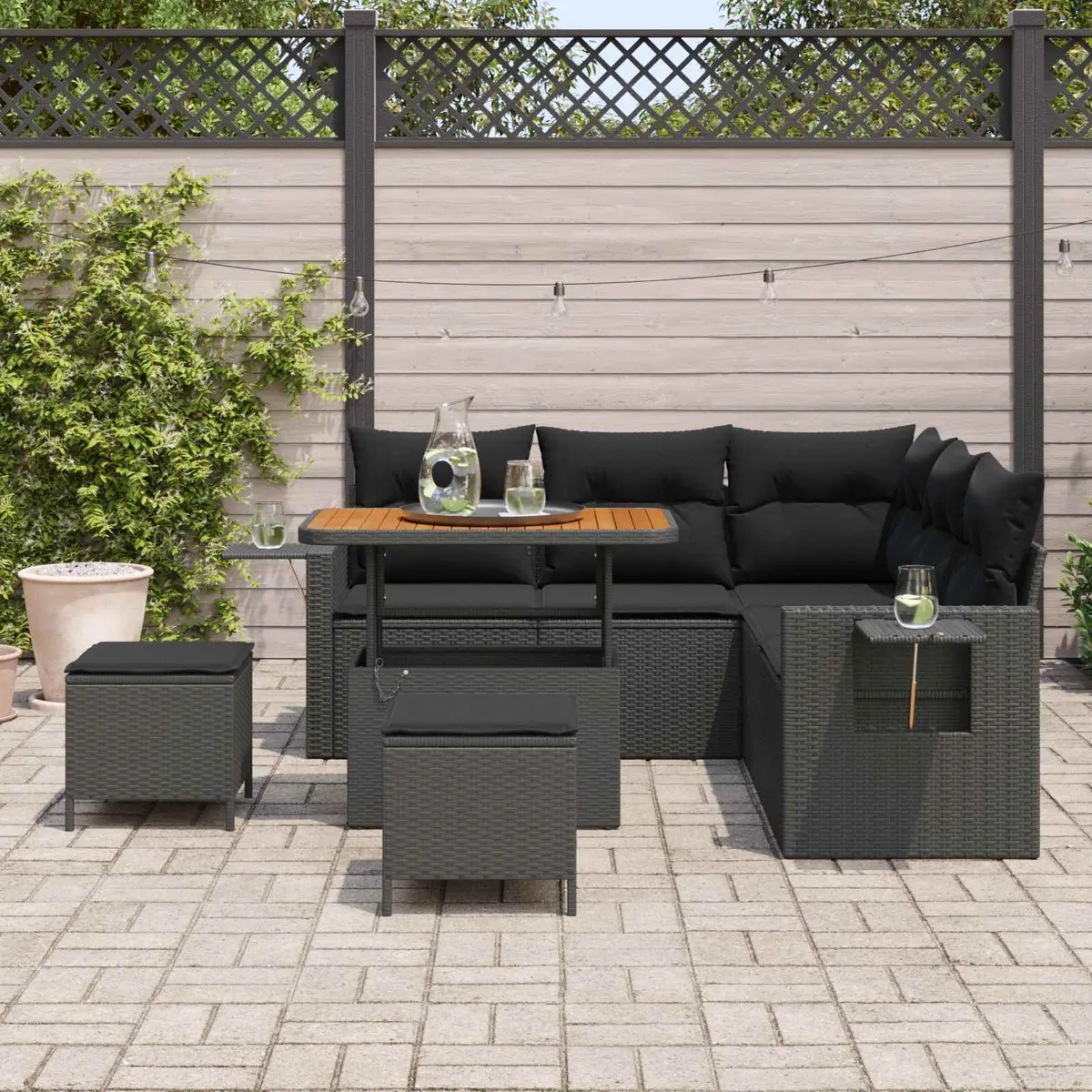Modular Garden Sofa Set Poly Rattan Acacia Wood Black 9 Piece