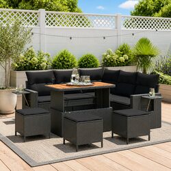 Modular 10-Piece Black Poly Rattan Outdoor Sofa Set