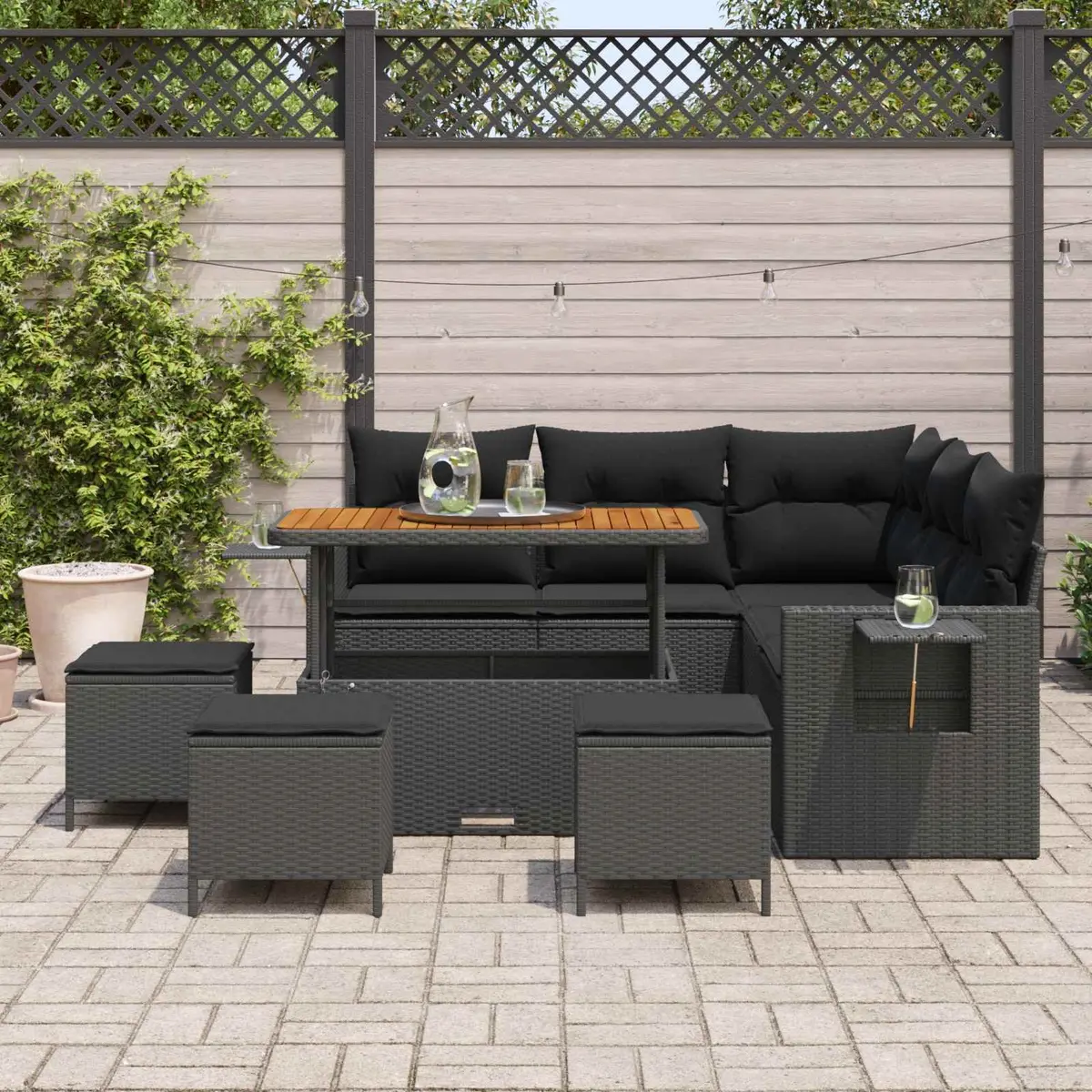 Modular 10-Piece Black Poly Rattan Outdoor Sofa Set