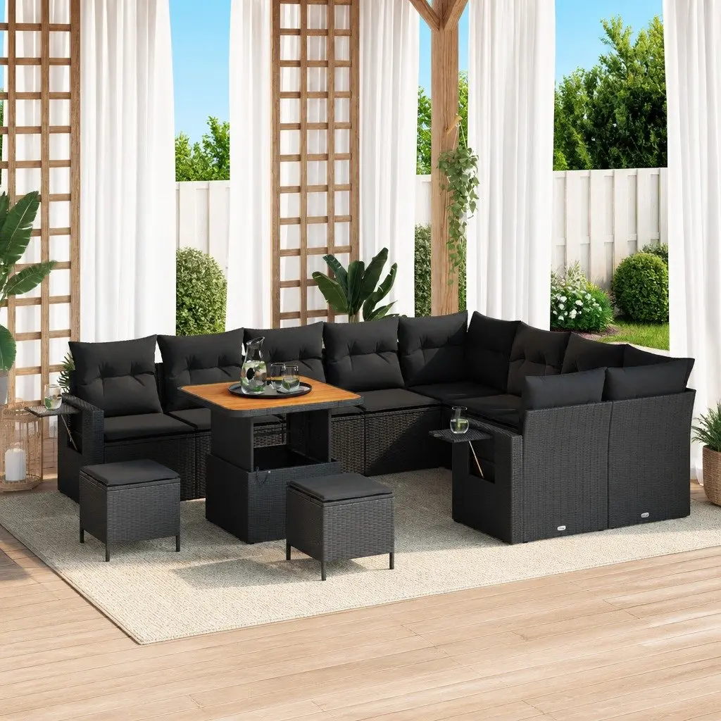 Modular Garden Sofa Set Poly Rattan Acacia Wood Steel Frame 12 Piece Black