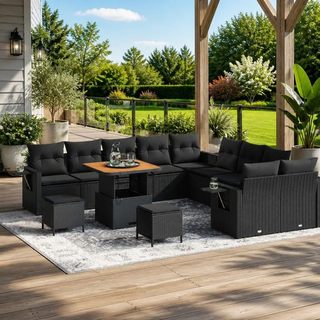 Garden Sofa Set Modular Powder-coated Steel Poly Rattan Black 13 Piece