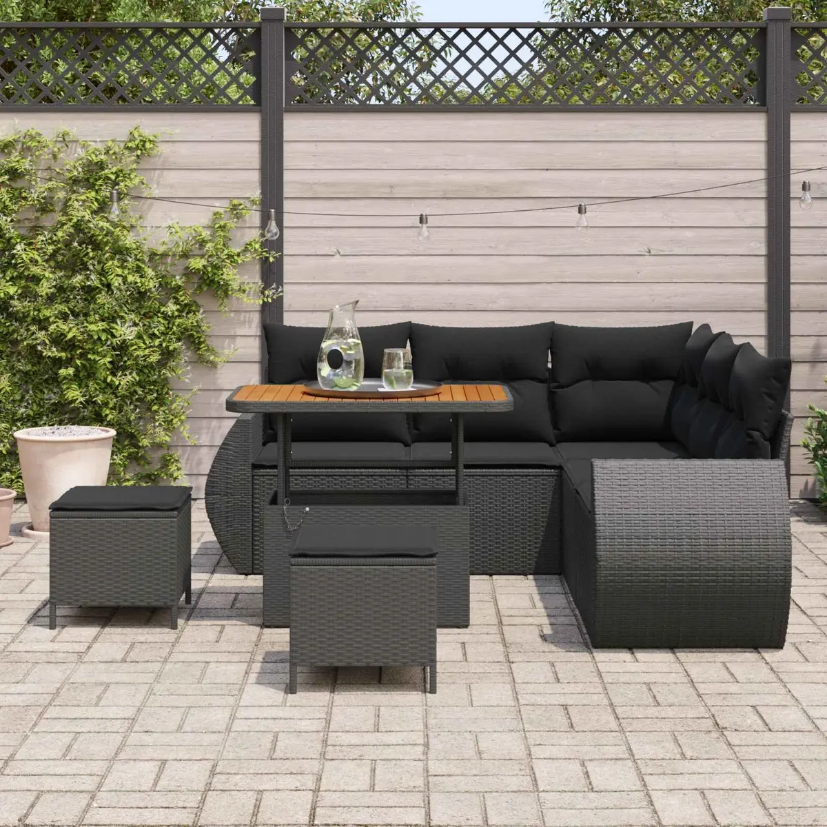8-Piece Black Poly Rattan Garden Sofa Set