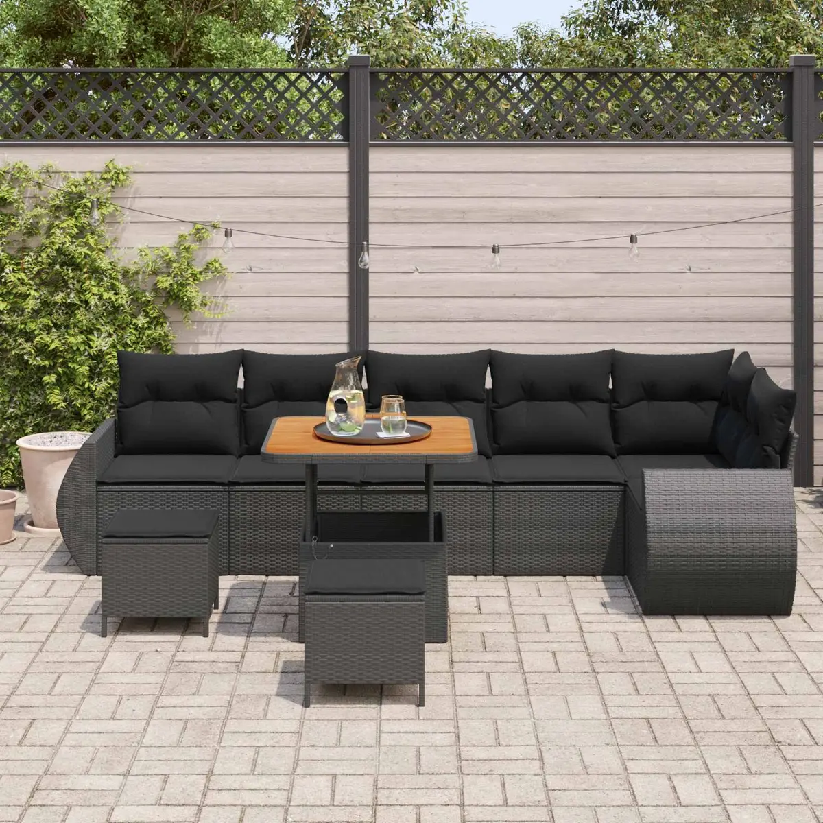 Black Modular 9-Piece Outdoor Garden Sofa Set with Cushions