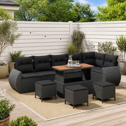 Outdoor Garden Sofa Set 10 Pieces Black Poly Rattan Modular Patio Seating