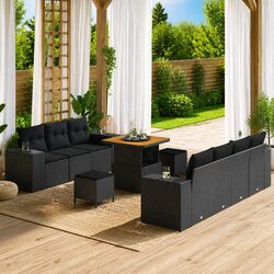10-Piece Black Modular Outdoor Garden Sofa Set with Cushions