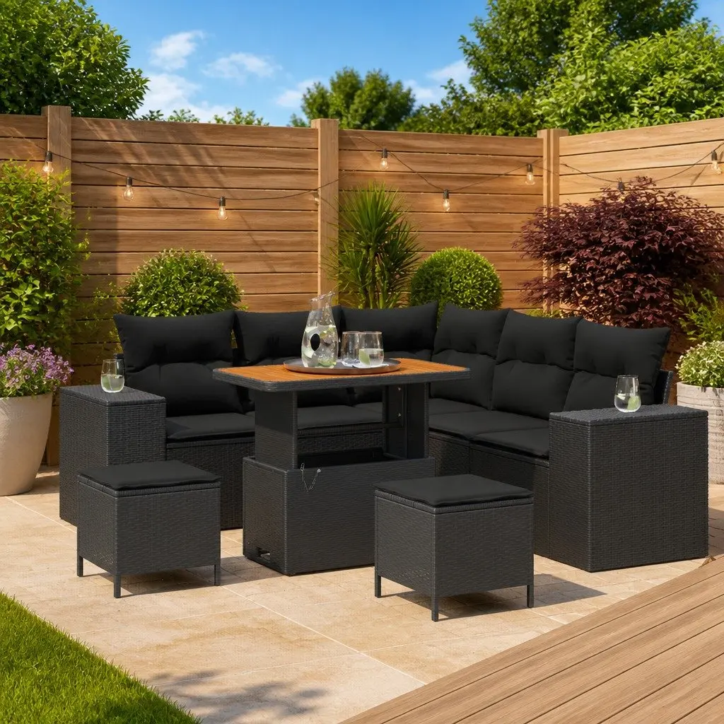 8-Piece Black Poly Rattan Garden Sofa Set