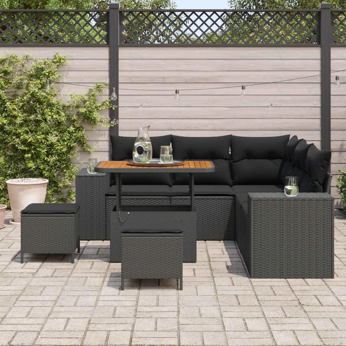 8-Piece Black Poly Rattan Garden Sofa Set