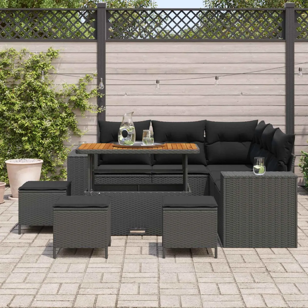 9-Piece Modular Garden Sofa Set with Black Cushions