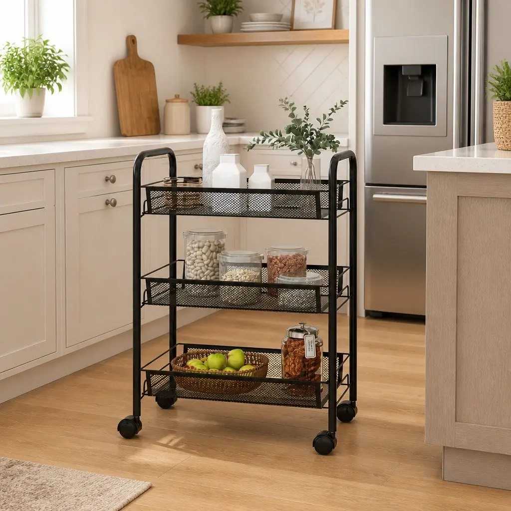 Black 3-Tier Kitchen Trolley with Removable Mesh Baskets