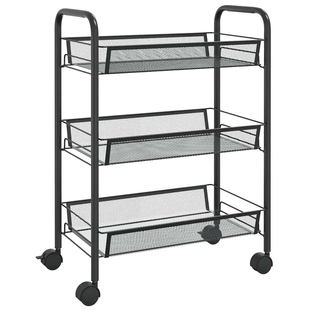 Black 3-Tier Kitchen Trolley with Removable Mesh Baskets