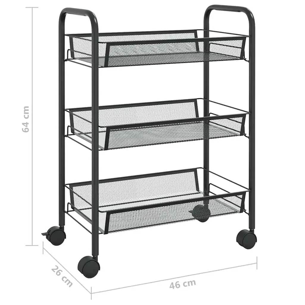 Black 3-Tier Kitchen Trolley with Removable Mesh Baskets