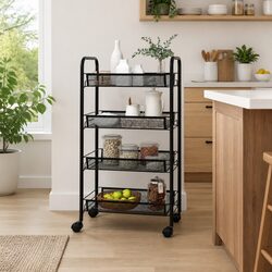 4-Tier Kitchen Trolley Black Storage Cart Mesh Baskets Wheels Brakes Removable