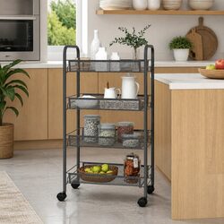 Sturdy 4-Tier Grey Kitchen Trolley with Mesh Baskets