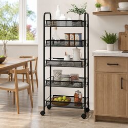 5-Tier Kitchen Trolley Black Mesh Baskets Removable Storage Cart Wheels Brakes