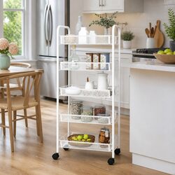 5-Tier Kitchen Trolley White Storage Cart Mesh Baskets Wheels Brakes
