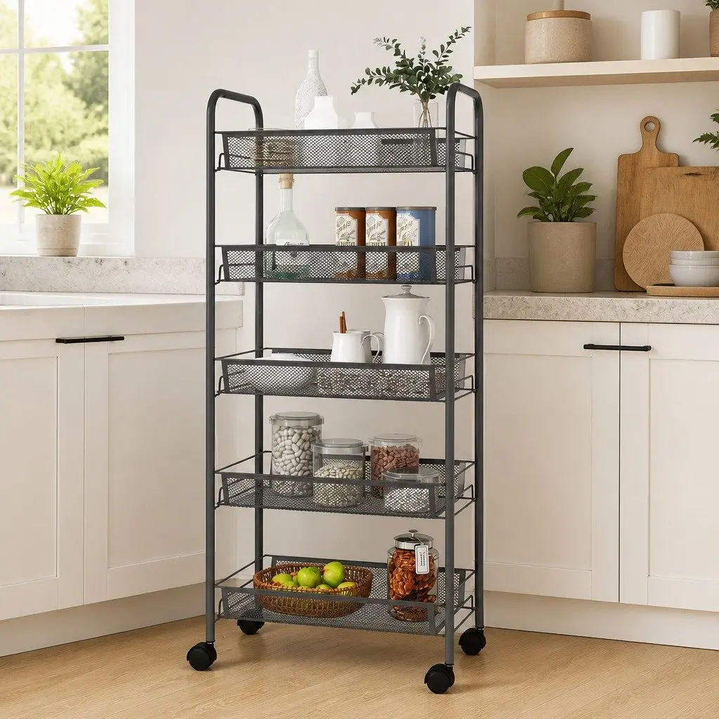5-Tier Kitchen Trolley Iron Grey Storage Cart Organiser with Wheels Removable Baskets