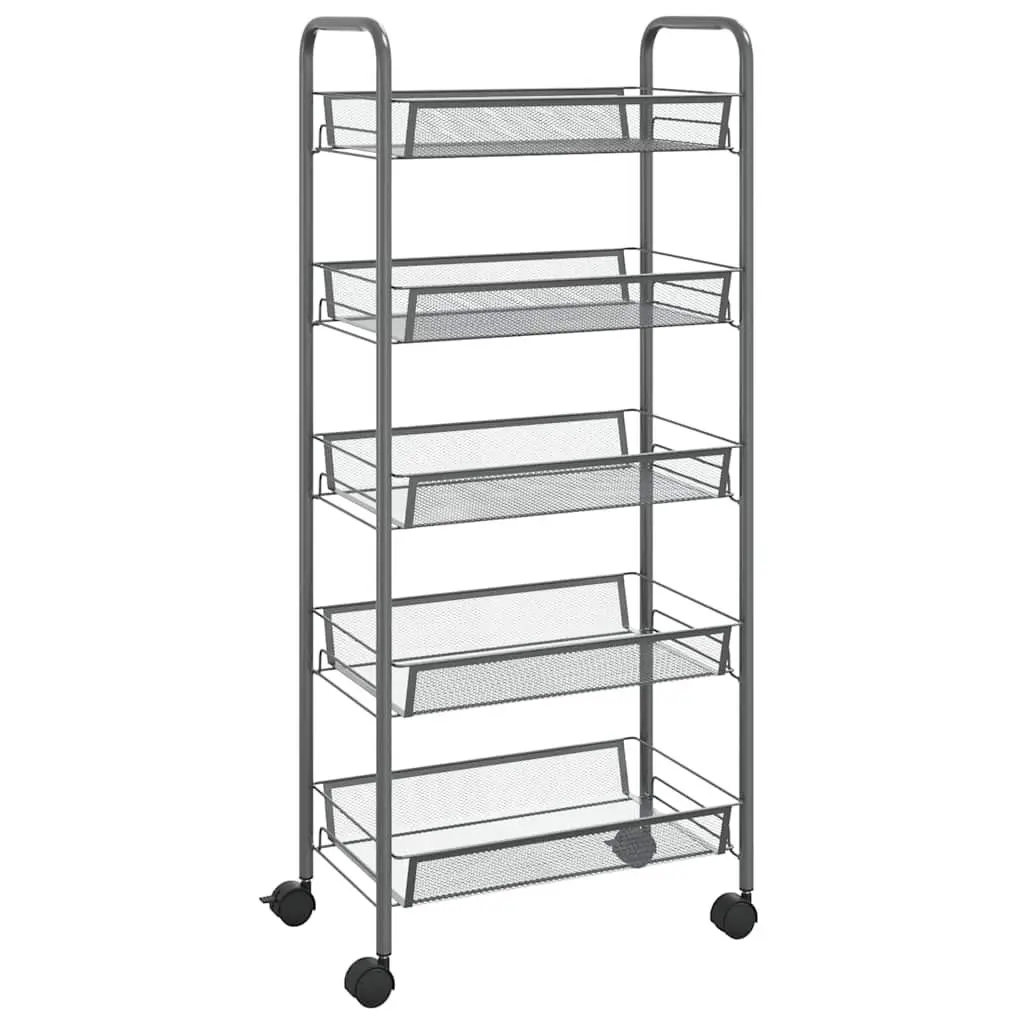 5-Tier Kitchen Trolley Iron Grey Storage Cart Organiser with Wheels Removable Baskets