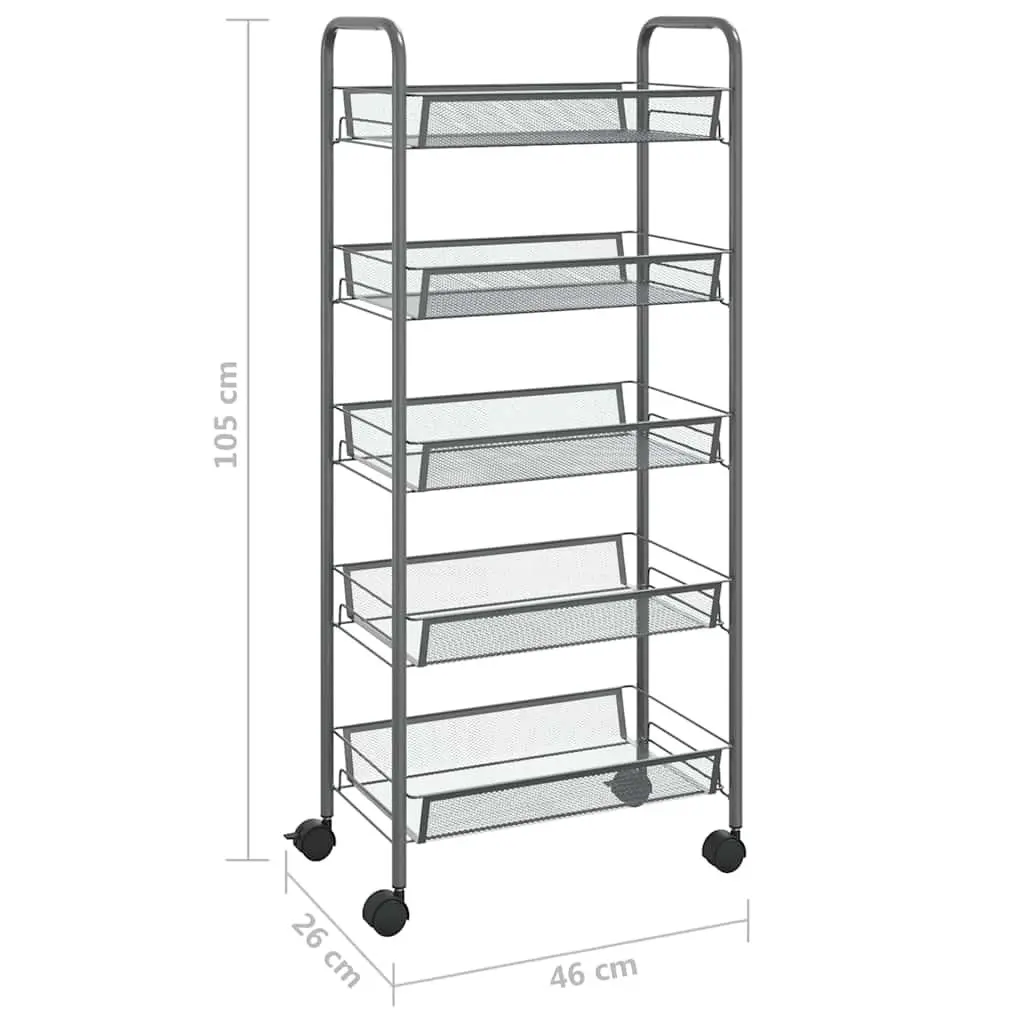 5-Tier Kitchen Trolley Iron Grey Storage Cart Organiser with Wheels Removable Baskets
