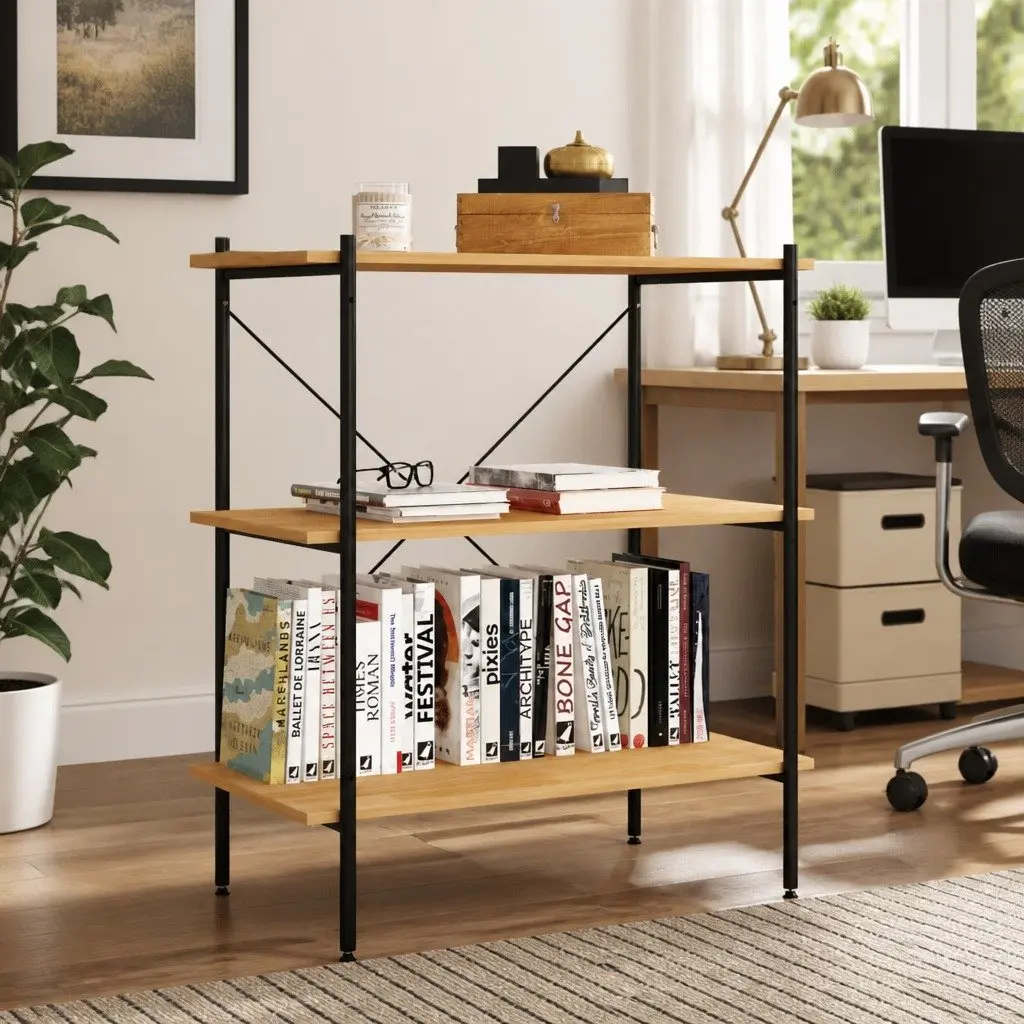 3-Tier Black Oak Shelving Unit for Storage